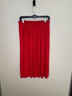P.O.S.H Womens Red Pleated Midi Skirt Size Medium Elastic Waist Polyester Blend
